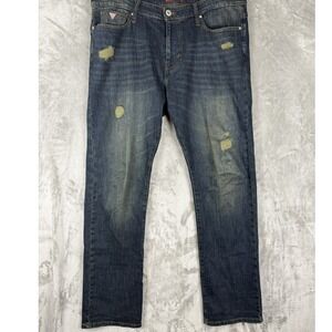Y2K GUESS Jeans Men's Size 38x32 Dark Wash Distressed Straight Leg‎ Denim Pants
